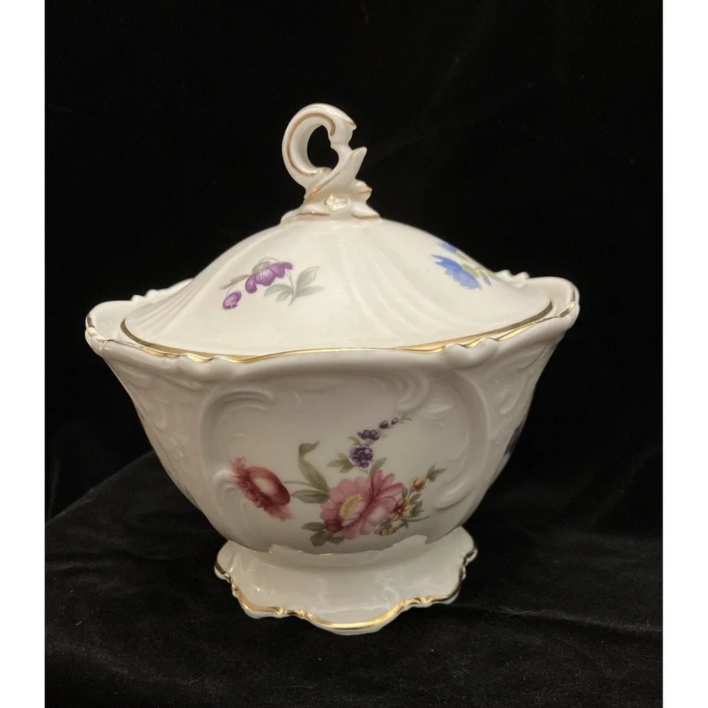 VTG Krautheim Bavarian Porcelain China Floral Sugar Bowl US Zone Germany 1940s